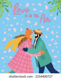 Flat hand drawn valentines day greeting card. Loving couple of young man and woman.