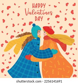 Tarjeta de saludo de día con tarjetas planas de San Valentín dibujadas a mano. Un par de jóvenes lesbianas enamoradas