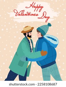 Flat hand drawn valentines day greeting card. Loving couple of young man and woman.