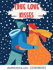 Flat hand drawn valentines day greeting card. Loving couple of young man and woman.