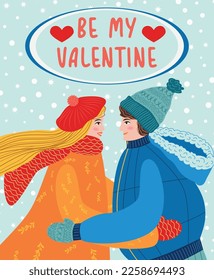 Tarjeta de saludo de día con tarjetas planas de San Valentín dibujadas a mano. Amante pareja de jóvenes y mujeres.