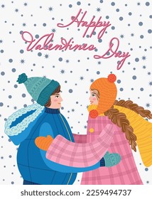 Flat hand drawn valentines day greeting card. Loving couple of young man and woman.