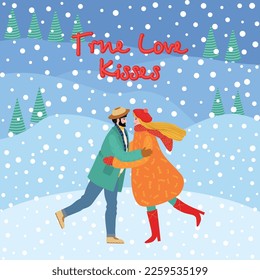 Flat hand drawn valentines day greeting card. Loving couple of young man and woman.