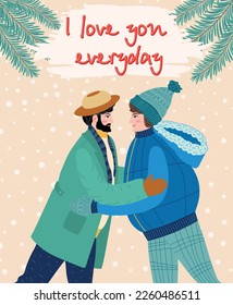 Flat hand drawn valentines day greeting card. Loving couple of young gay men