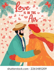 Tarjeta de saludo de día con tarjetas planas de San Valentín dibujadas a mano. Amante pareja de jóvenes y mujeres.