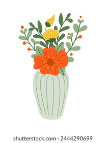 Flat hand drawn vase with abstract flowers. Vector colored illustration isolated on white background. Unique print design for printout, poster, interior. Spring modern concept