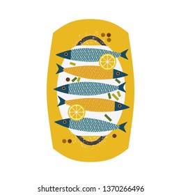 Flat hand drawn vector color seafood icon. Fresh baked fish food plate design element. Sea food and lemon retro style isolated Scandinavian cartoon illustration. Concept idea fishes restaurant menu