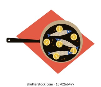 Flat hand drawn vector color seafood icon. Fresh baked fish food on pan design element. Fry sea food retro style isolated Scandinavian cartoon illustration. Concept idea for fishes restaurant menu