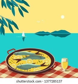 Flat hand drawn vector color seafood dish poster. Fish food in pan, wine glass on tablecloth at seascape scenic view background. Mediterranean cuisine, wine lemon on seaside cafe. Vector Illustration