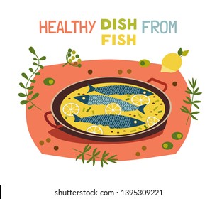 Flat hand drawn vector color seafood typography poster. Fresh fried fish food on pan design element. Sea food retro isolated Scandinavian cartoon illustration. Concept idea for fishes restaurant menu