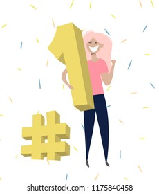 flat hand drawn vector illustration. happy woman holding first number, winning concept