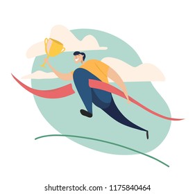 flat hand drawn vector illustration. happy man holding gold award cup and running , winning concept