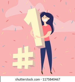 flat hand drawn vector illustration. happy woman holding first number, winning concept