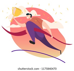 flat hand drawn vector illustration. happy man holding gold award cup and running , winning concept