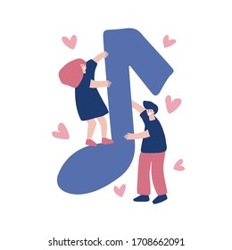 Flat hand drawn vector illustration. Boy and girl cartoon character holding note in hands on white background. Musical festival banner. Poster design.