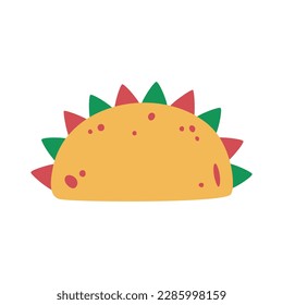 Flat hand drawn vector illustration of a mexican food. Delicious taco with tomato