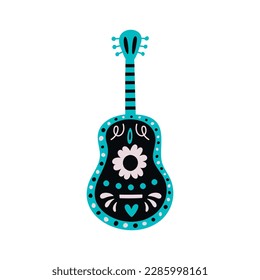 Flat hand drawn vector illustration of a mexican guitar with floral abstract ornament