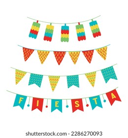 Flat hand drawn vector illustration of eco friendly home decorations such as garland, bunting and mini pinatas