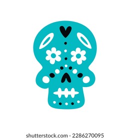 Flat hand drawn vector illustration of mexican human skull with floran and abstract ornament. Illustration for the Day of the dead