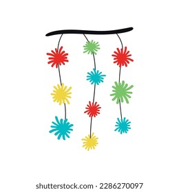 Flat hand drawn vector illustration of eco friendly home decorations such as tree brunch garland with pompoms