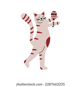 Flat hand drawn vector illustration of a mexican cat with maracas