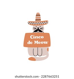 Flat hand drawn vector illustration of a mexican cat with sombrero and mustaches. Cinco de meow