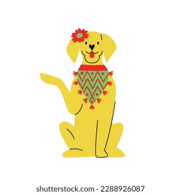 Flat hand drawn vector illustration of a mexican dog sitting in bandana with a flower on the head. Yellow dog with lifted paw