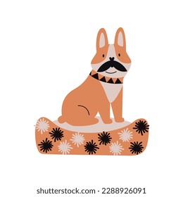 Flat hand drawn vector illustration of a mexican dog sitting on a cushion with mustache and collar