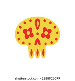 Flat hand drawn vector illustration of mexican human skull with floran and abstract ornament. Illustration for the Day of the dead