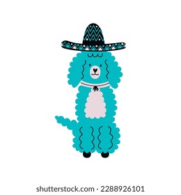 Flat hand drawn vector illustration of a mexican dog sitting in sombrero