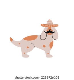 Flat hand drawn vector illustration of a mexican dog in sombrero with mustache