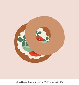 Flat hand drawn vector illustration of cute fresh bagel sandwich with cream cheese, avocado, tomato. Delicious bakery baking for cafe menu, poster, sticker, picnic breakfast brunch element doodle icon