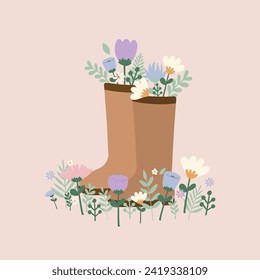 Flat hand drawn vector illustration of cute pastel boots with wild flowers. Decorative element for card, postcard, sticker, banner, invitation, social media poster. Wedding, birthday, love concept