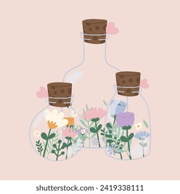 Flat hand drawn vector illustration of cute pastel glass bottles with flowers. Decorative element for card, postcard, sticker, invitation, social media poster. Wedding, birthday, love concept