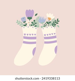 Flat hand drawn vector illustration of cute pastel heart sock with wild flowers. Decorative element for card, postcard, sticker, banner, invitation, social media poster. Wedding, birthday,love concept