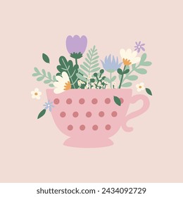 Flat hand drawn vector illustration of cute mug with wild flowers. Decorative element for card, postcard, sticker, banner, invitation, social media poster. Wedding, birthday,love concept