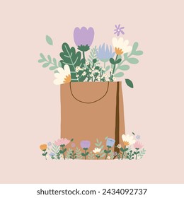 Ilustración vectorial dibujada a mano plana de bolso de papel pastel lindo con flores silvestres. Elemento decorativo para tarjeta, postal, pegatina, banner, invitación, póster de redes sociales. Boda, cumpleaños, concepto de amor