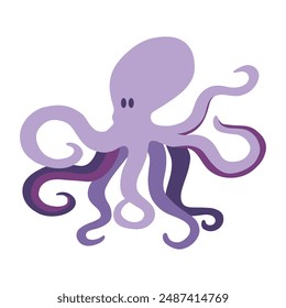 Flat hand drawn vector illustration in children's style. Cute octopus with big eyes on white background, 4 different colors of tentacles, tropical sea animal.