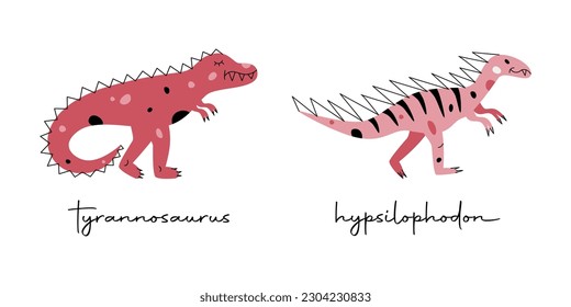 Flat hand drawn vector illustrations of dinosaurs tyrannosaurus and hypsilophodon