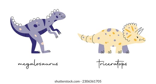 Flat hand drawn vector illustrations of dinosaurs megalosaurus and triceratops