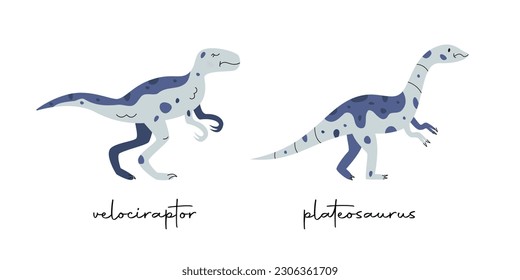 Flat hand drawn vector illustrations of dinosaurs velociraptor and plateosaurus