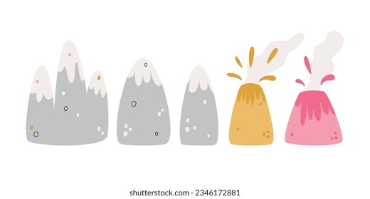 Flat hand drawn vector illustrations of mountains and volcano