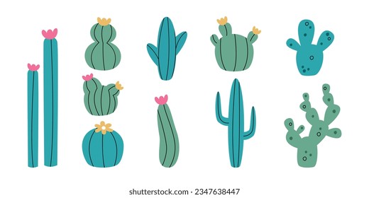 Flat hand drawn vector illustrations of cactus