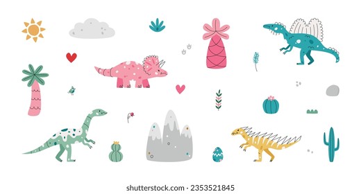 Flat hand drawn vector illustrations of prehistoric era