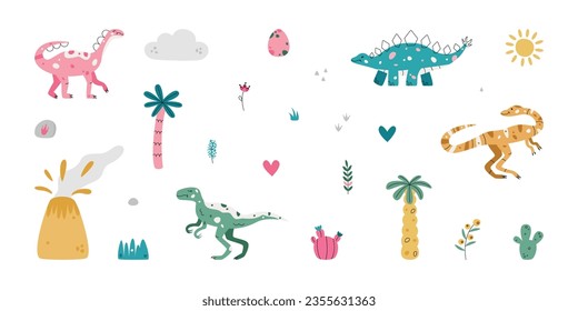 Flat hand drawn vector illustrations of prehistoric era