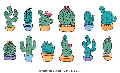 Flat hand drawn vector illustrations of cactus