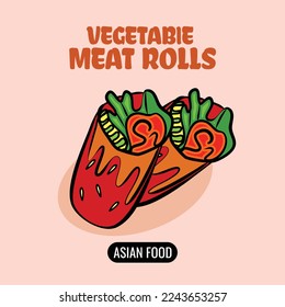 flat hand drawn vector on the theme of asian food Vegetable meat rolls