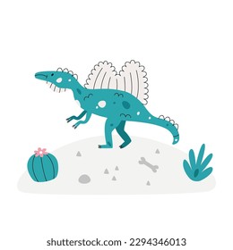 Flat hand drawn vector scene with dinosaur cactus palm and egg