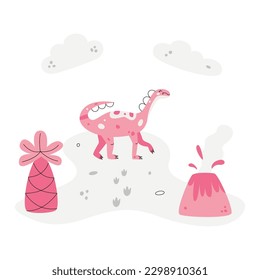 Flat hand drawn vector scene with dinosaur volcano palm and footsteps
