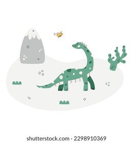 Flat hand drawn vector scene with dinosaur cactus bird grass and mountains